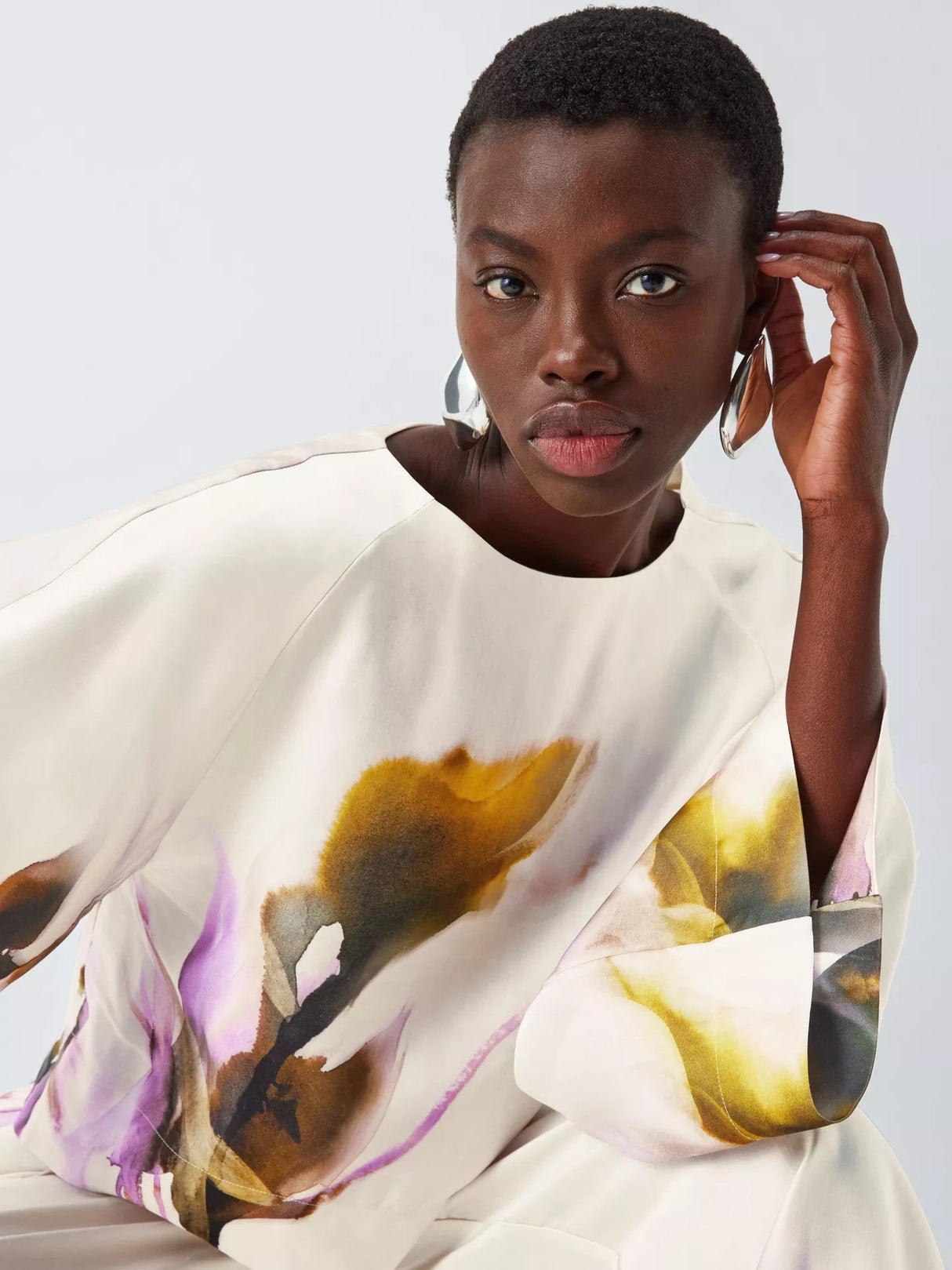 John Lewis Linen Tencel Wide Sleeve Floral Print Top - Violetta Bloom - UK 8