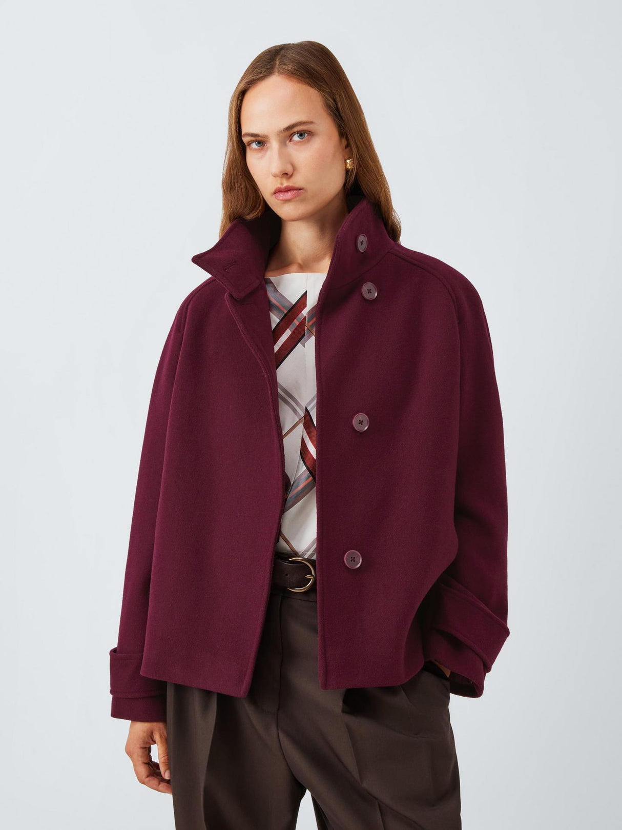 John Lewis Women's Short Funnel Neck Wool Blend Jacket - Burgundy - UK 16