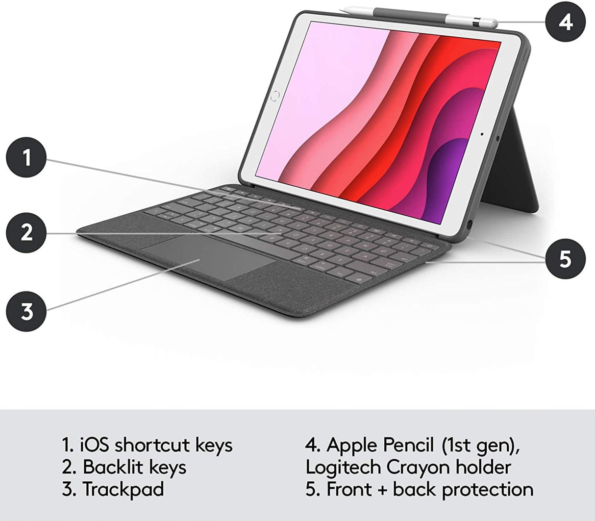 Logitech Combo Touch Trackpad Keyboard Folio Case for iPad 10.2'' - Grey - Kazoop 