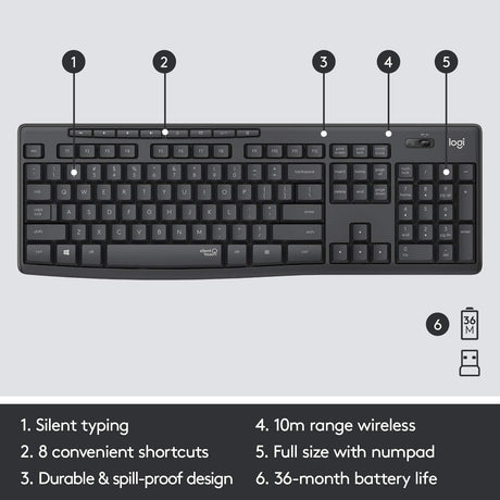 Logitech MK295 Silent Wireless Keyboard QWERTY UK & Mouse - Black - Kazoop 