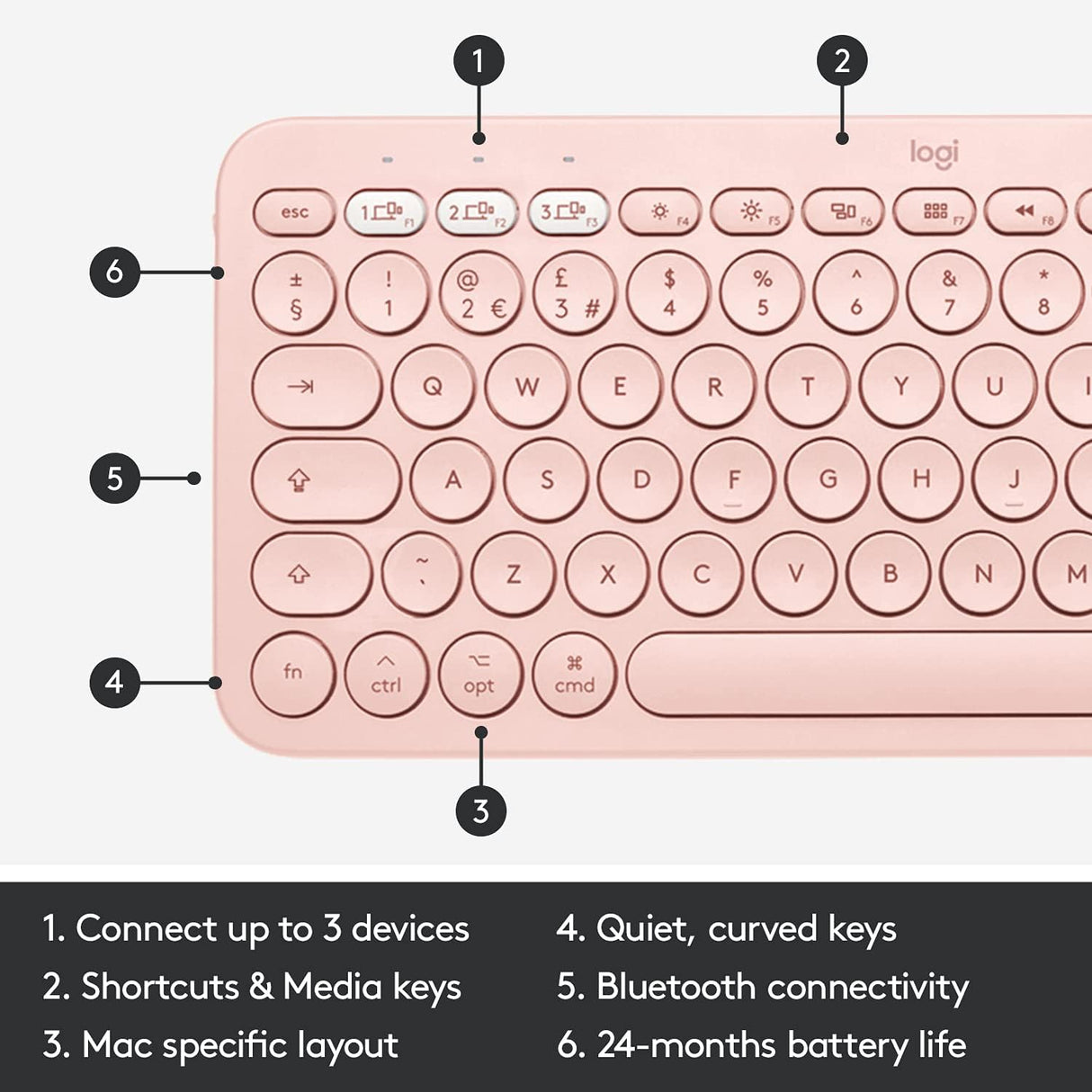 Logitech K380 Multi-Device Bluetooth Slim Keyboard for Mac - Pink Rose - Kazoop 