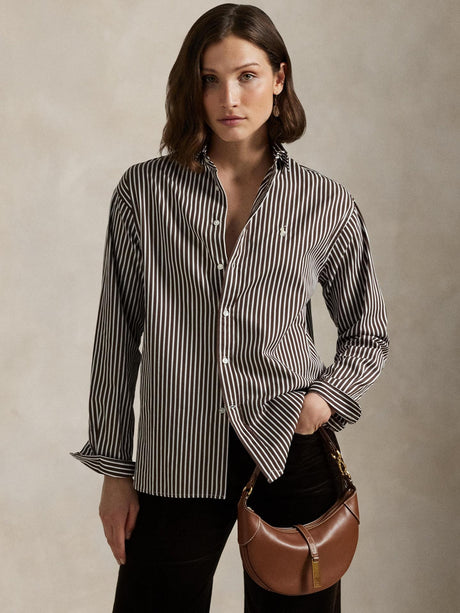 Ralph Lauren Womens Cotton Relaxed Fit Striped Shirt Brown/White - Size L