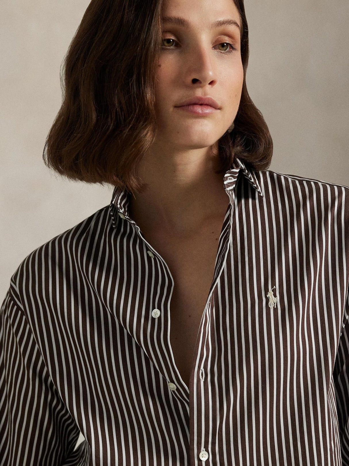 Ralph Lauren Womens Cotton Relaxed Fit Striped Shirt Brown/White - Size L