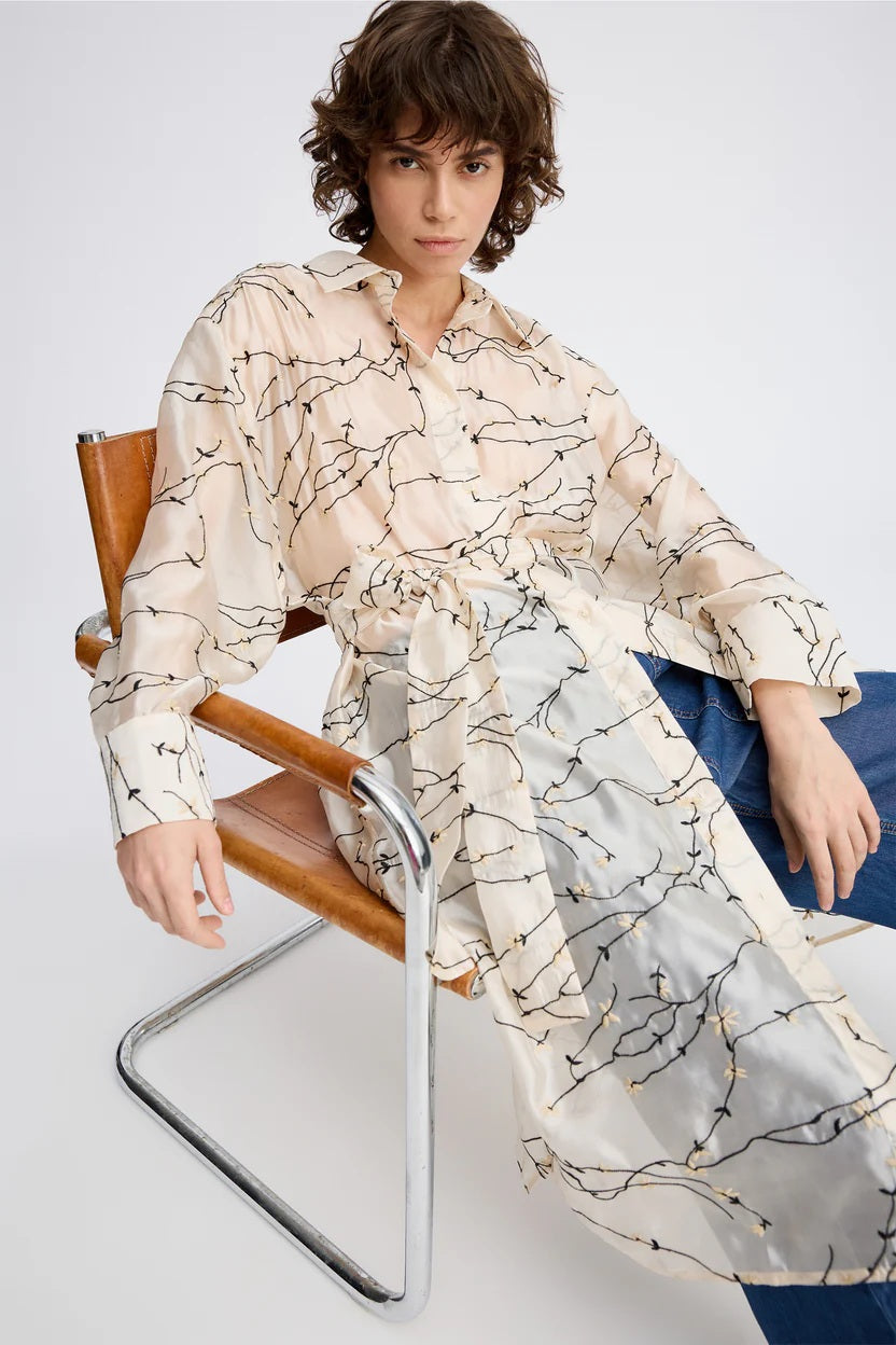 MUNTHE Pryor Floral Embroidered Button Midi Shirt Dress - Cream - Size 38