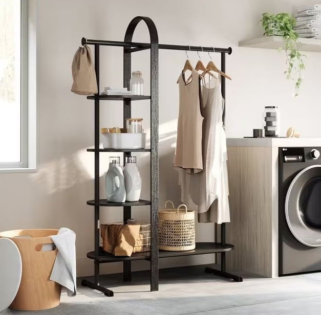 Umbra Bellwood Open Wardrobe Garment Clothes Rail with Shelves - Black - Kazoop 