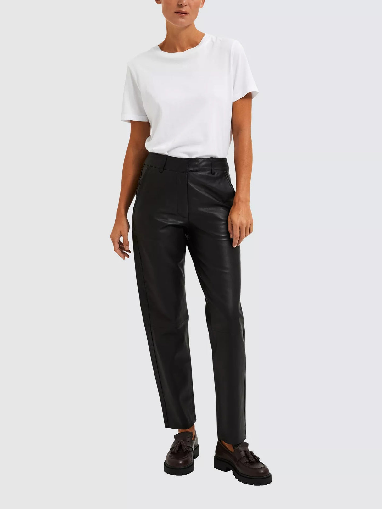 Selected Women's Marie Mid Waist Tailored Leather Trousers - Black XL /EU 42