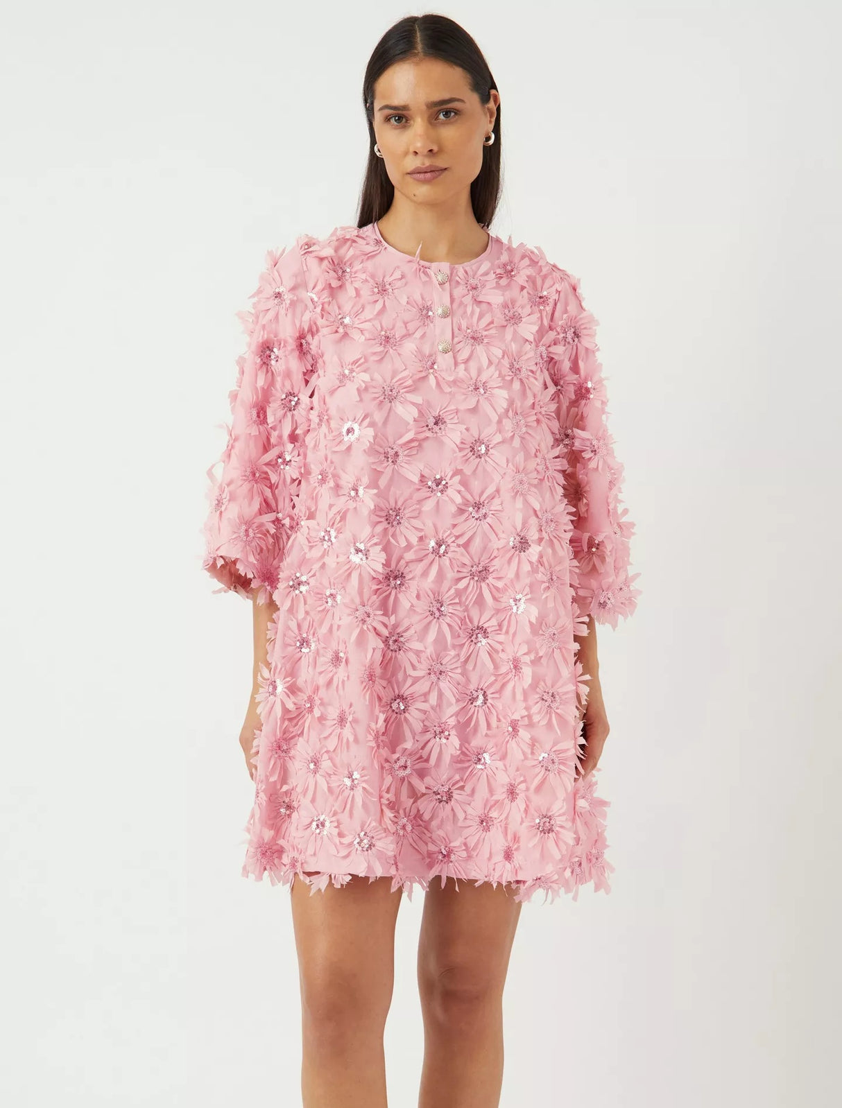 YAS Abelone Flower Applique Three Quarter Sleeve Mini Dress - Pink - UK 8