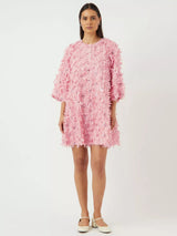 YAS Abelone Flower Applique Three Quarter Sleeve Mini Dress - Pink - UK 8