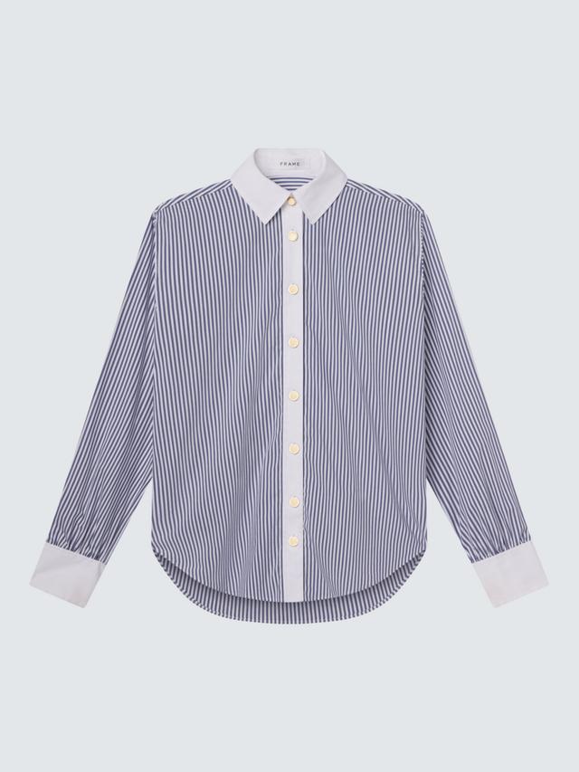 Frame The Borrowed Womens Cotton Blend Stripe Shirt - Blue/White - Size L