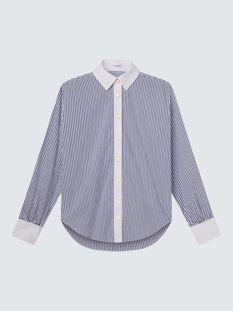 Frame The Borrowed Womens Cotton Blend Stripe Shirt - Blue/White - Size L