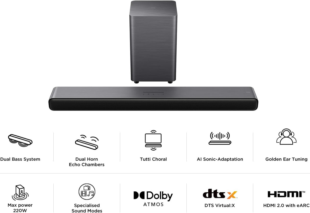 TCL S55HK 2.1Ch Bluetooth Compact Soundbar with Wireless Sub - Titanium
