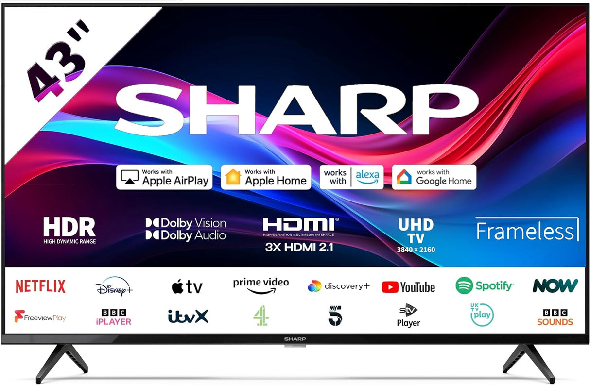 Sharp 4T-C43GJ4225K 43" 4K UHD Frameless Smart Roku TV with Freeview Play