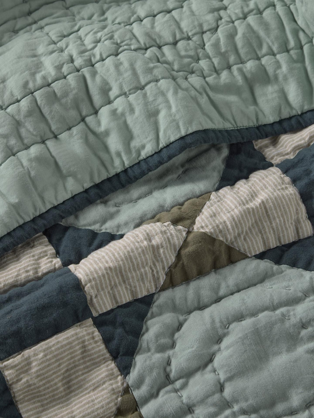 John Lewis Diamond Patchwork Quilted Linen Cotton Bedspread 220x220cm - Sage