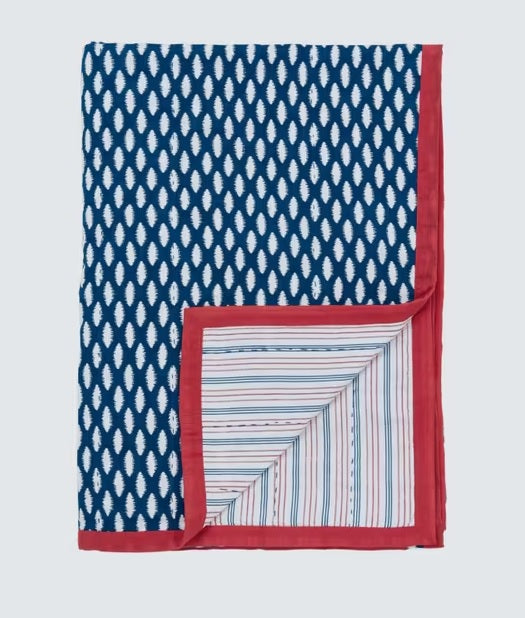 Land & Shore Inis Quilted Reversible Cotton Throw 225 x 150cm - Blue/Multi