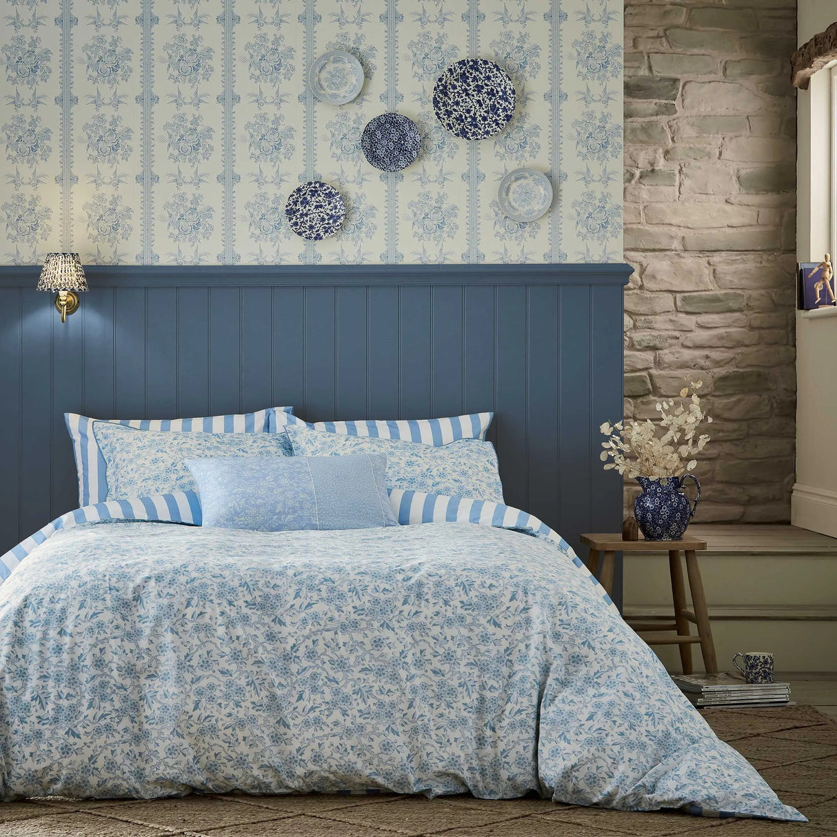 Burleigh x Bedeck Arden Blue Floral Striped Duvet Cover Set - Super King