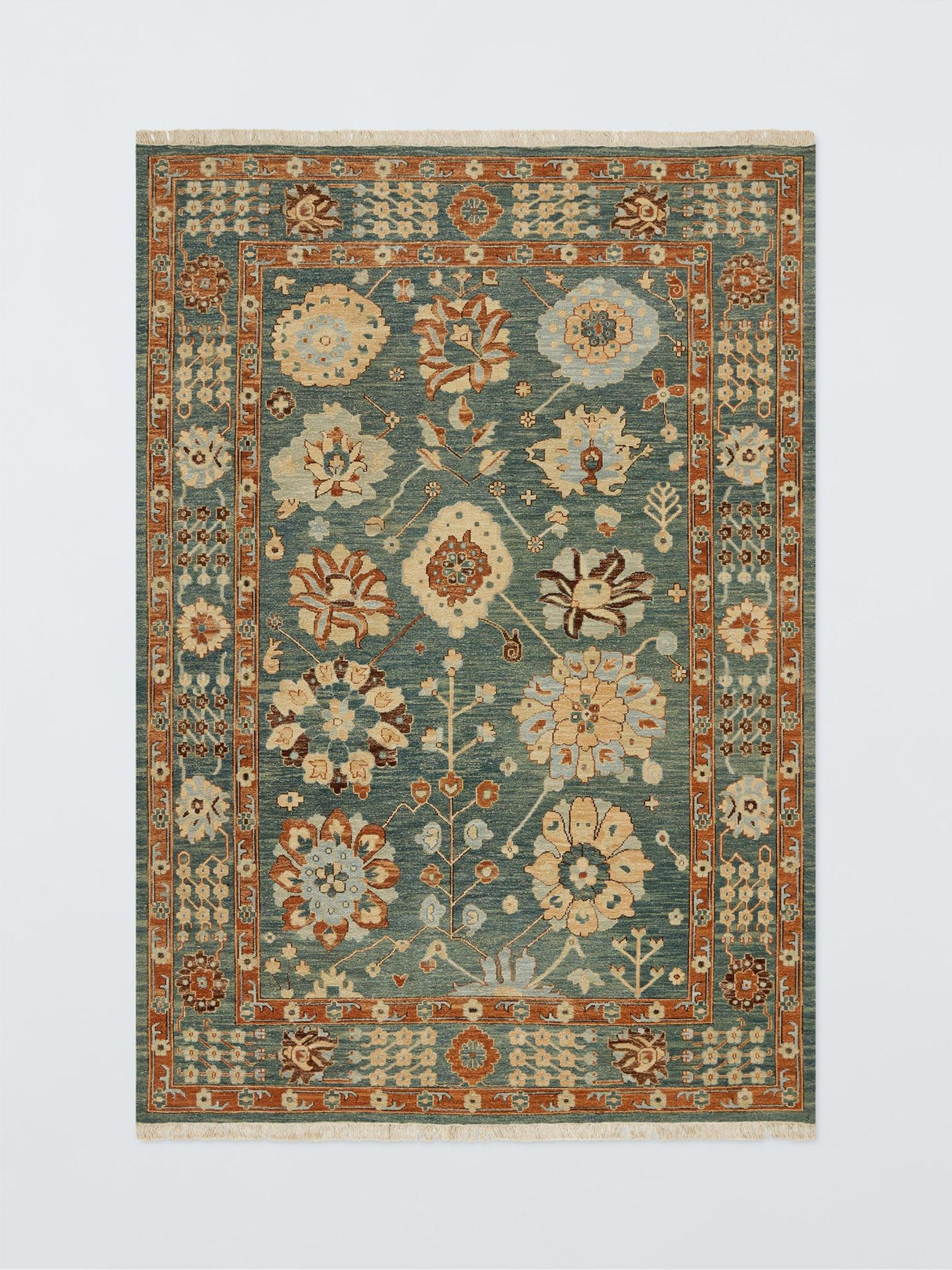 John Lewis Sumak Suzani Hand Knotted Floral Wool Rich Rug Green L300 x 200cm