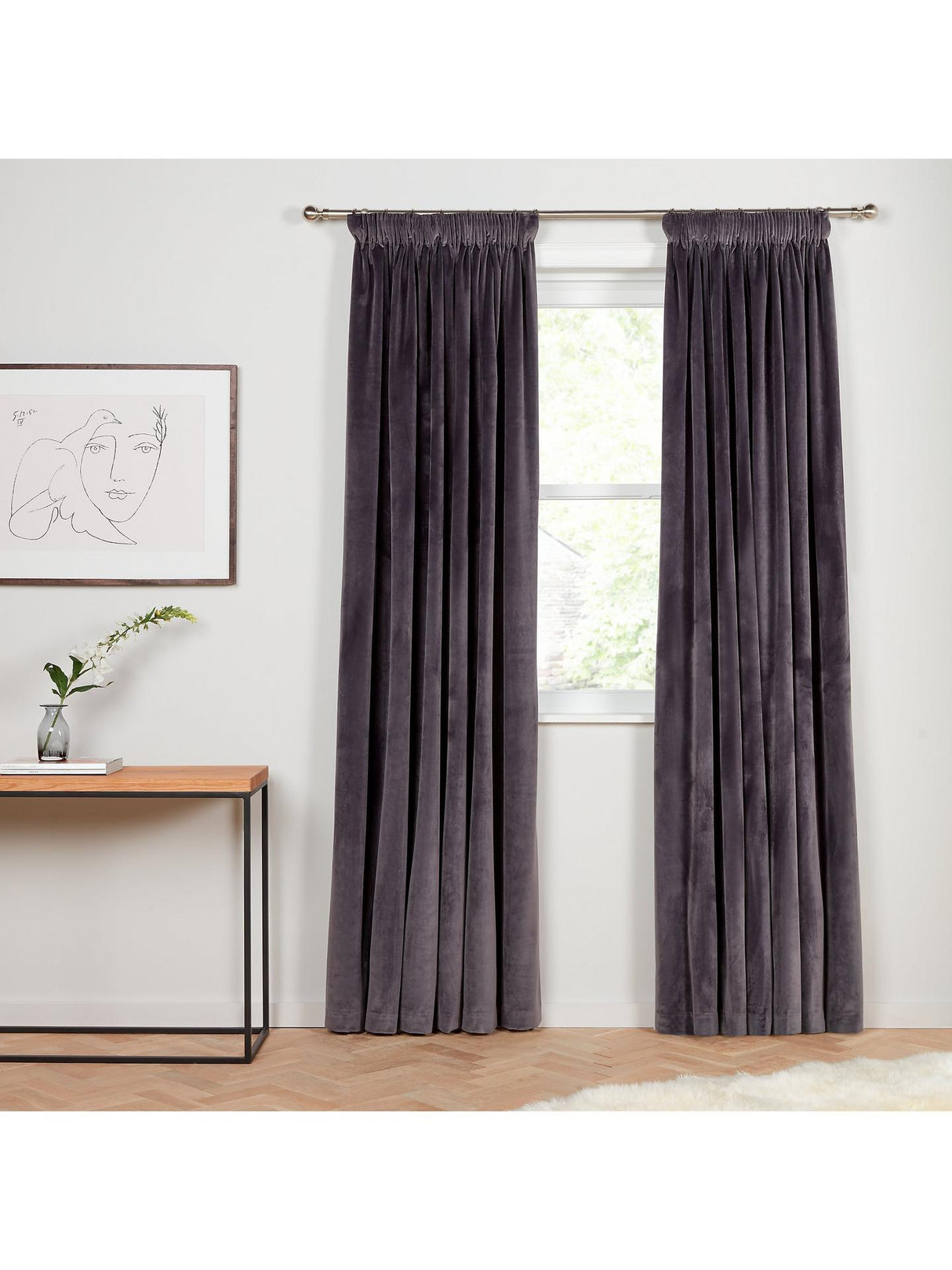 John Lewis Velvet Pair Lined Pencil Pleat Curtains Steel W167 x Drop 182cm