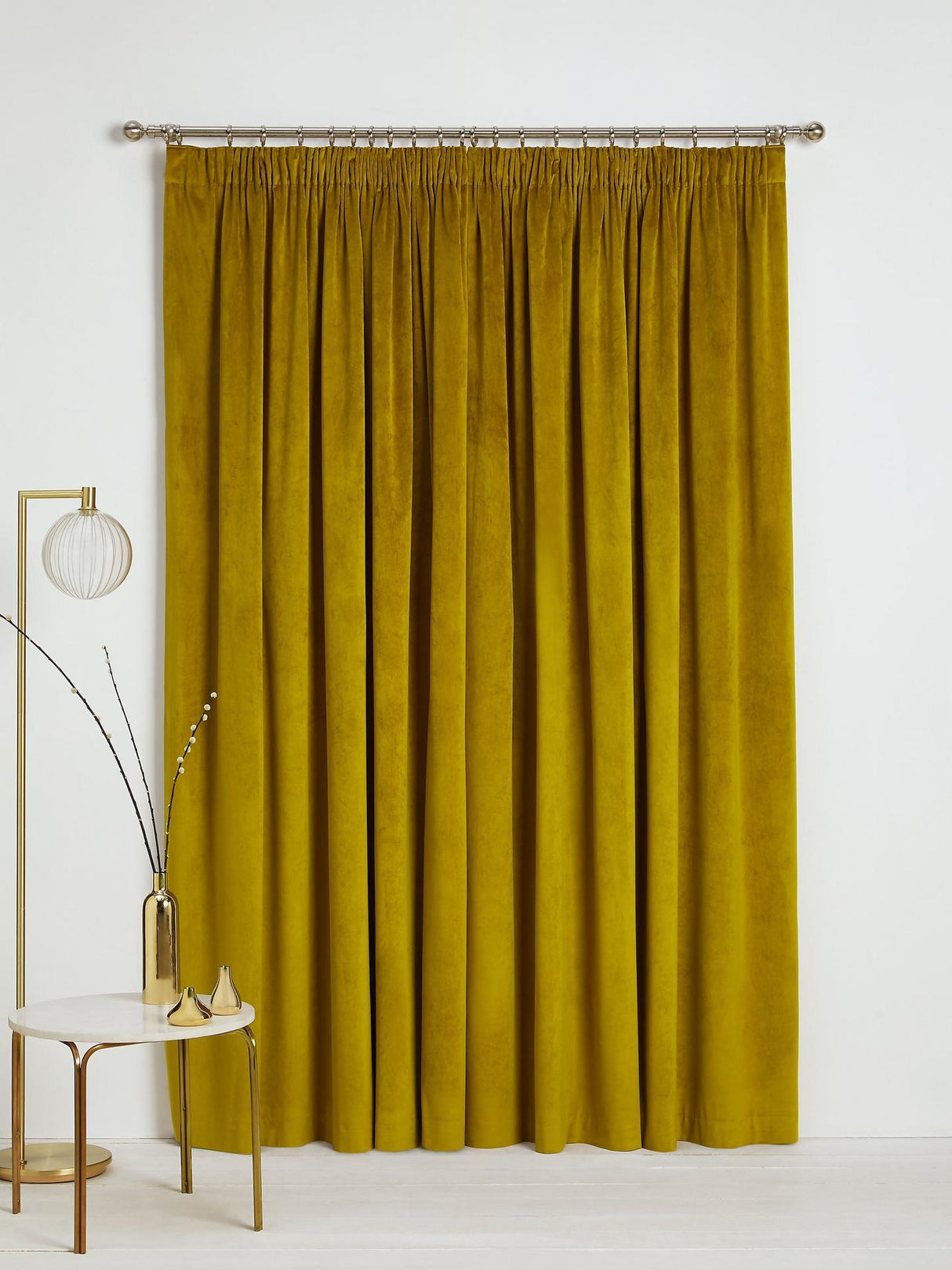Velvet Pair Polyester Lined Pencil Pleat Curtains Gold - W228 x Drop 137cm