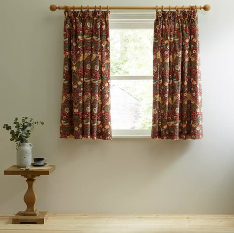 Morris & Co. Strawberry Thief Lined Pencil Pleat Curtains W228xD182cm - Red