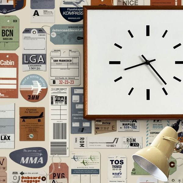 Mini Moderns Jet Set Travelogue Vintage Tags Wallpaper - Stone MMTLG09ST