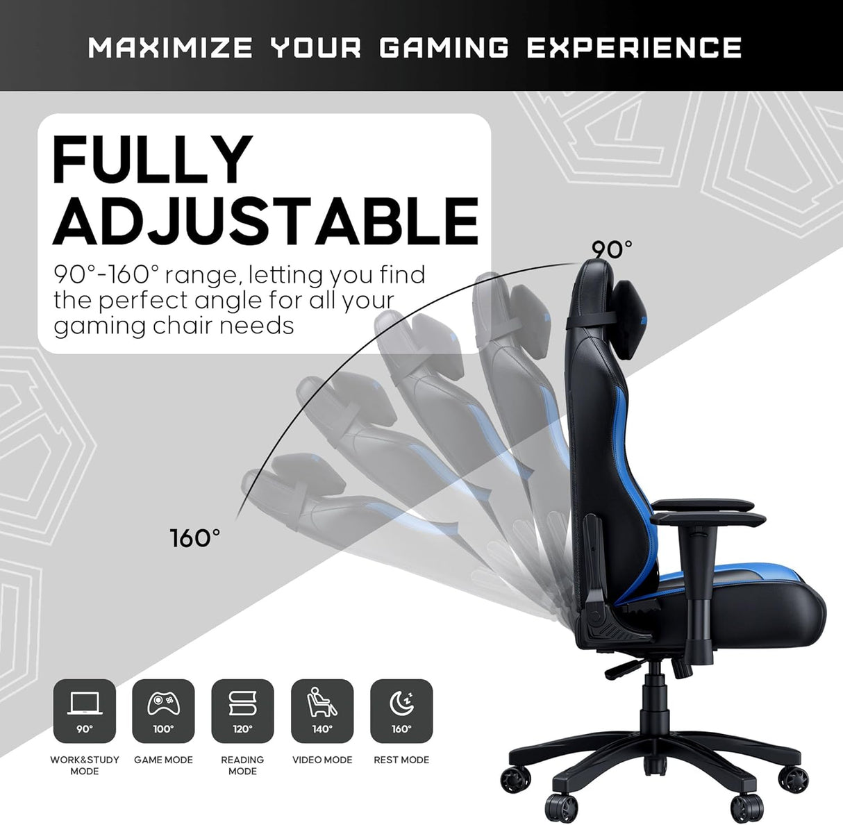 Anda Seat Luna Premium Large Ergonomic Reclining Gaming Chair - Black/Blue