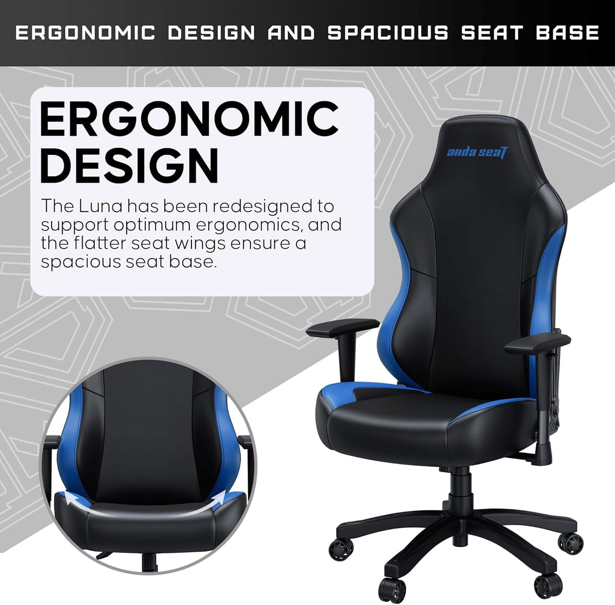 Anda Seat Luna Premium Large Ergonomic Reclining Gaming Chair - Black/Blue