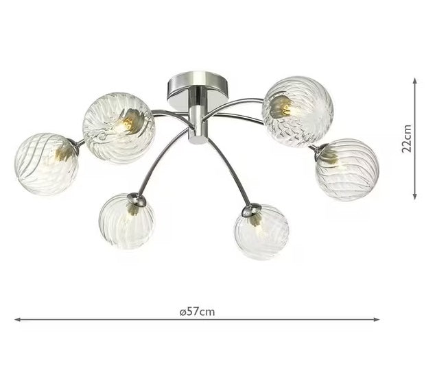 Där Izzy Twisted Glass 6 Arm Large Semi Flush Ceiling Light - Clear/Chrome