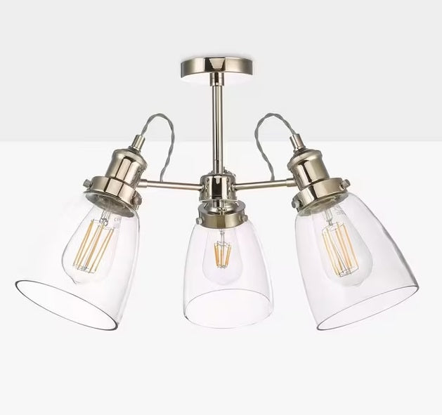 John Lewis Revival Semi Flush 3 Arm Ceiling Light - Clear/Polished Nickel