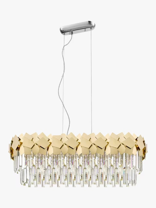 Impex Celine 6 Light Glass Crystal Oblong Bar Pendant Ceiling Light - Gold