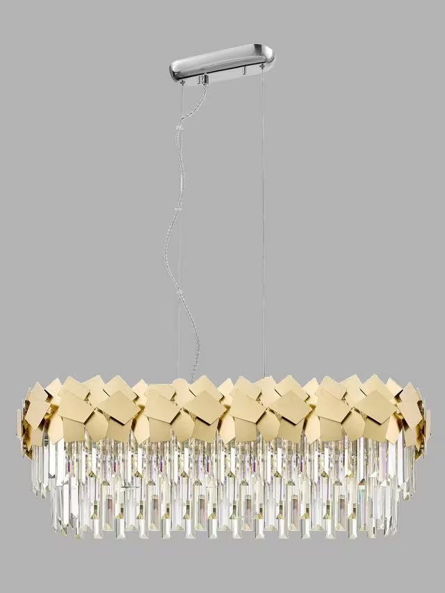 Impex Celine 6 Light Glass Crystal Oblong Bar Pendant Ceiling Light - Gold