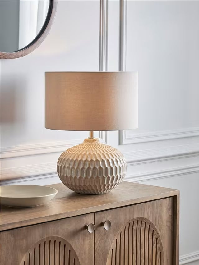 John Lewis Textured Drum Shade Ceramic Base Table Lamp H47cm - White Wash