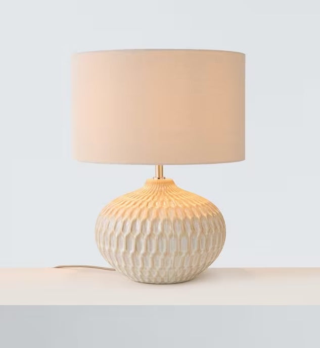 John Lewis Textured Drum Shade Ceramic Base Table Lamp H47cm - White Wash