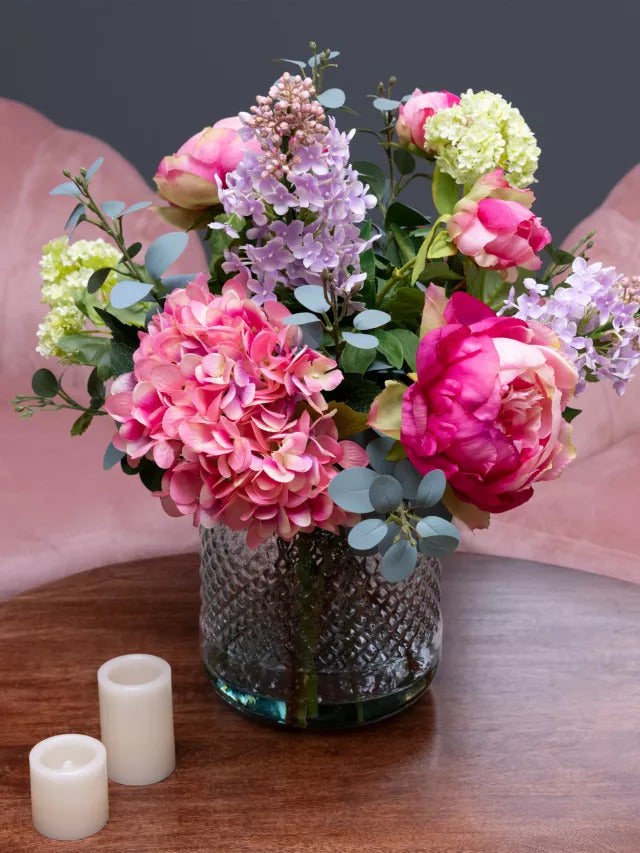 Floralsilk Artificial Hydrangea & Peony Textured Glass Vase - H47 x Dia.47cm - Kazoop 