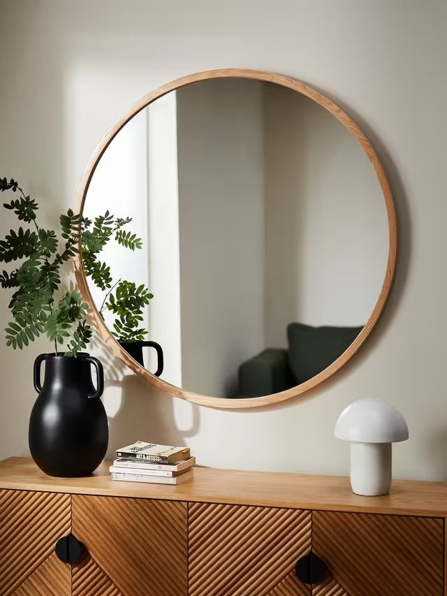 John Lewis Slim Oak Wood Decorative 80cm Round Wall Mirror - Natural Oak