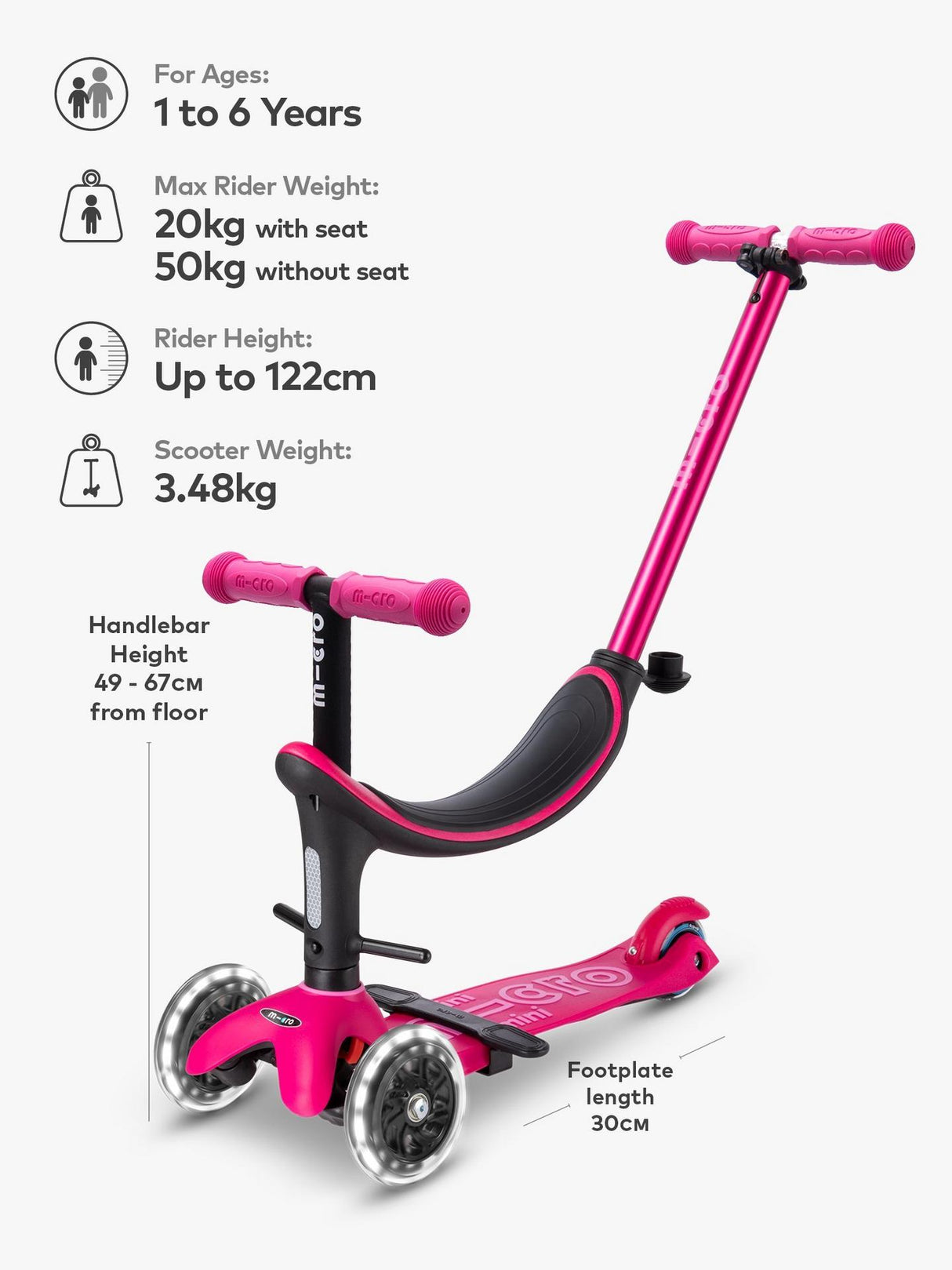 Micro Scooters 4-In-1 Mini Micro Push Along Light Up Wheels Scooter - Pink