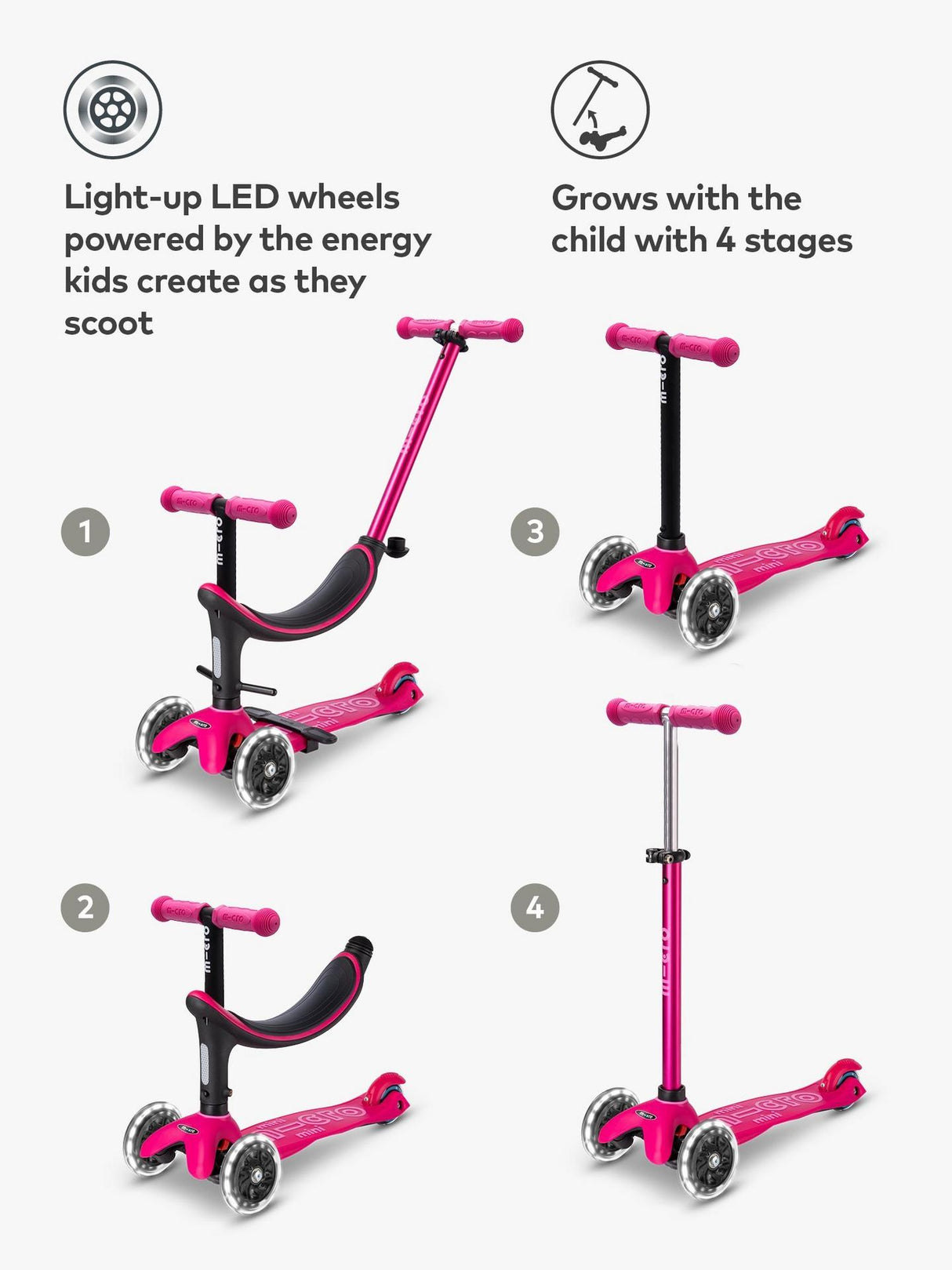 Micro Scooters 4-In-1 Mini Micro Push Along Light Up Wheels Scooter - Pink