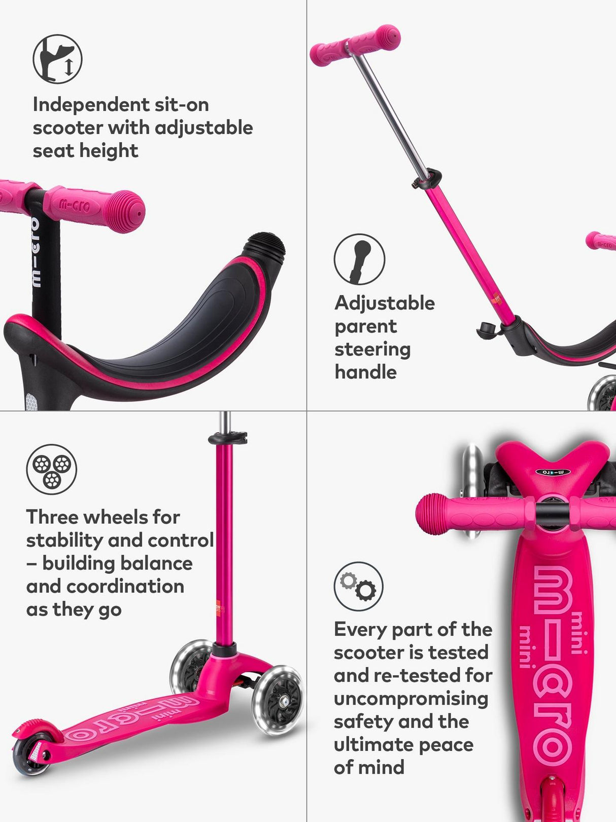 Micro Scooters 4-In-1 Mini Micro Push Along Light Up Wheels Scooter - Pink