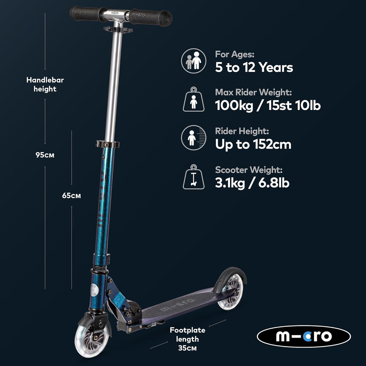 Micro Scooters Sprite Pearlised Age 5-12 LED Light Up Wheels Scooter - Green