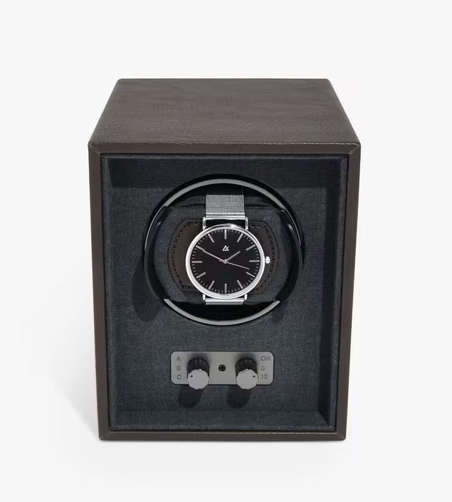 Stackers Vegan Leather Single Watch Winder 16 x 13 x 16cm - Dark Brown - Kazoop 