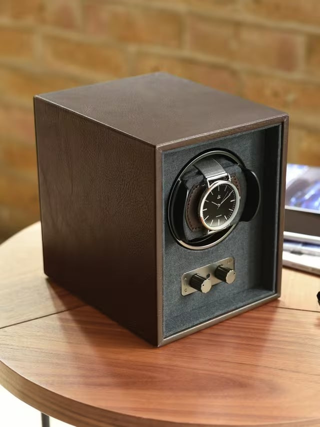 Stackers Vegan Leather Single Watch Winder 16 x 13 x 16cm - Dark Brown - Kazoop 