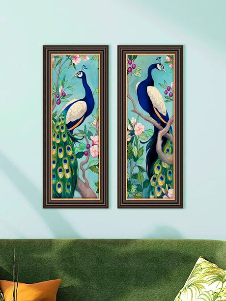 Julia Purinton - Peacocks Framed Prints Set of 2 67 x 27cm - Blue/Multi - Kazoop 