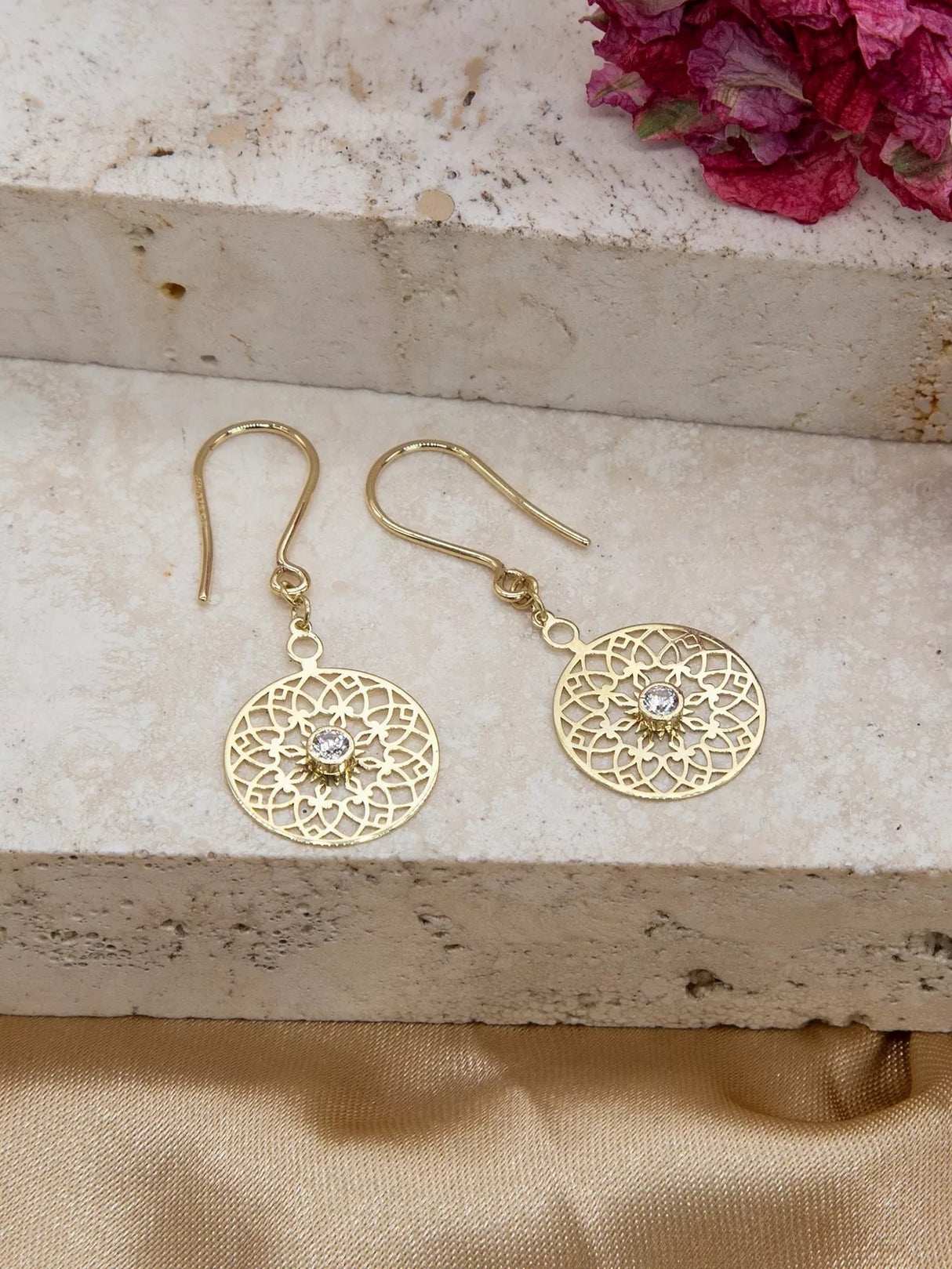 IBB Women's 9ct Gold Fine Jewellery Gemstone Filigree Round Drop Earrings