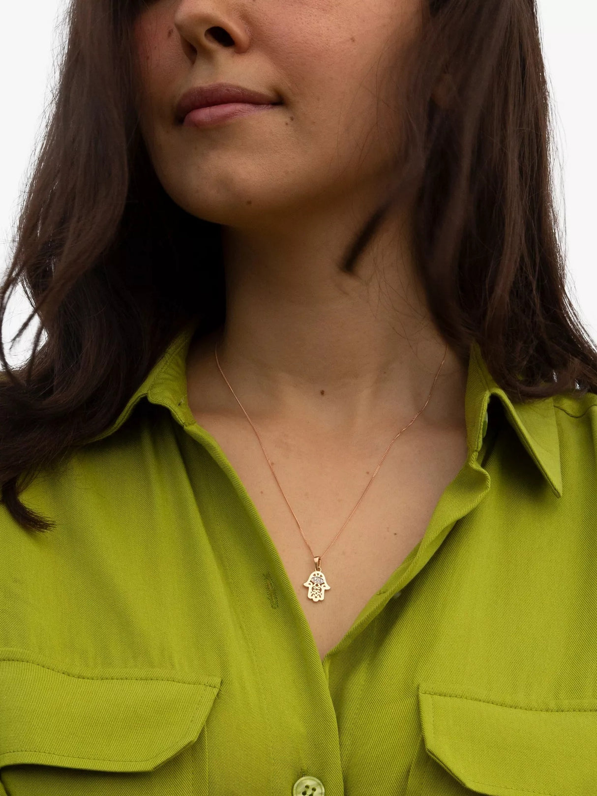 IBB 9ct Gold Gemstone Hamsa Hand Pendant Necklace 46cm - Rose & White Gold