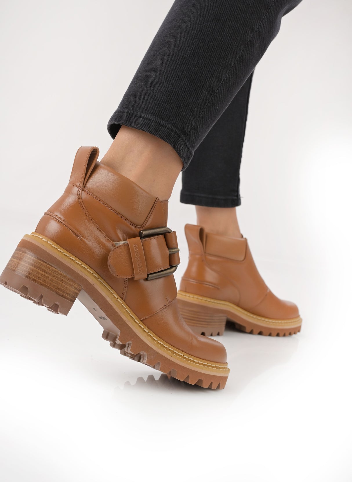 See By Chloé Willow Buckle Detail Chunky Sole Ankle Boots - Tan - UK 5/EU 38