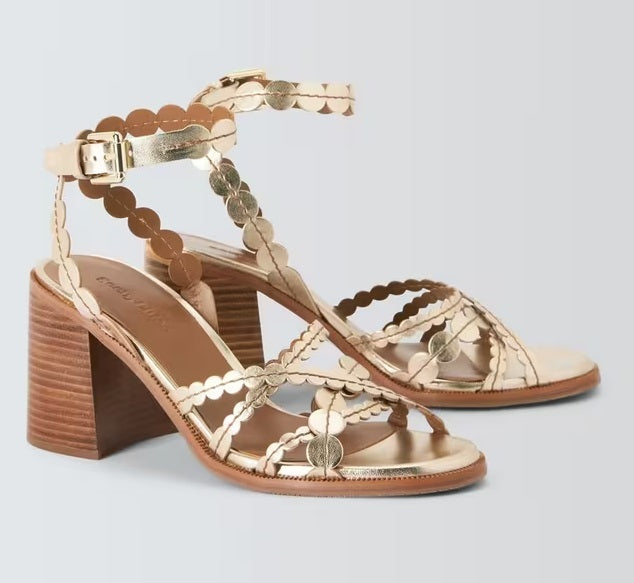 See By Chloé Kaddy Leather Circle Strap Heeled Sandals - Light Gold - UK 6