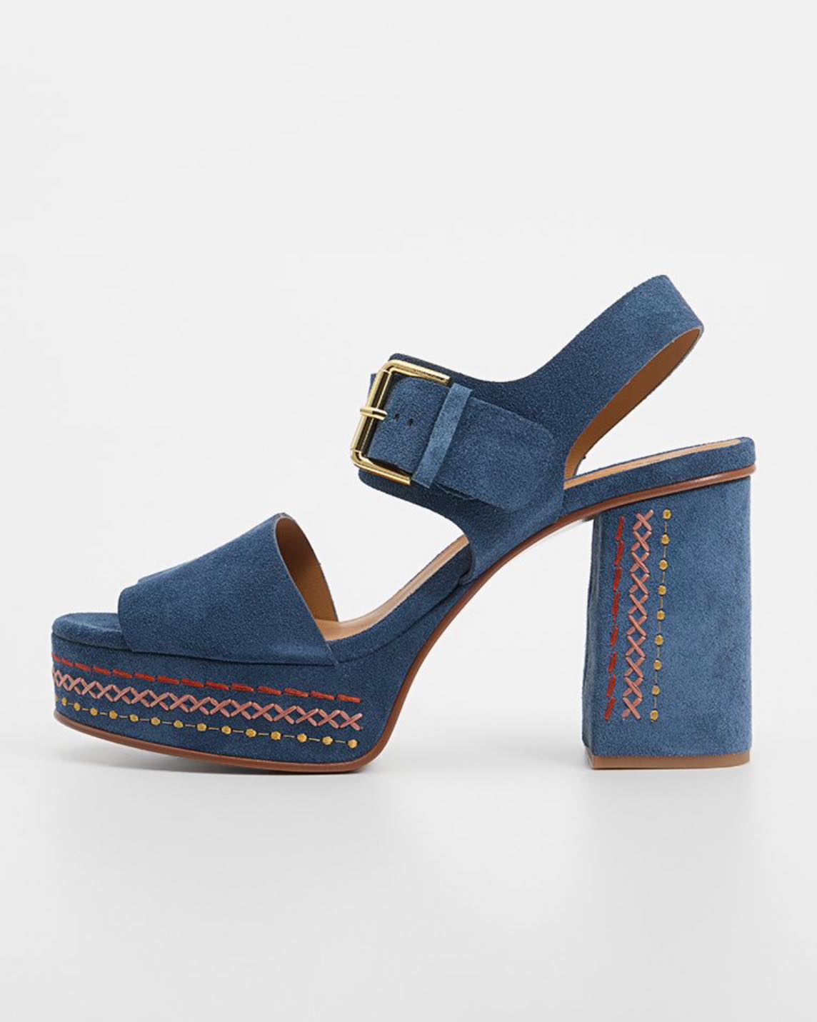 See By Chloe Pheebe Embroidered Leather Platform Sandals - Indigo Blue - 4UK
