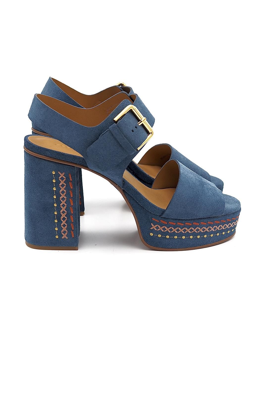 See By Chloe Pheebe Embroidered Leather Platform Sandals - Indigo Blue - 4UK