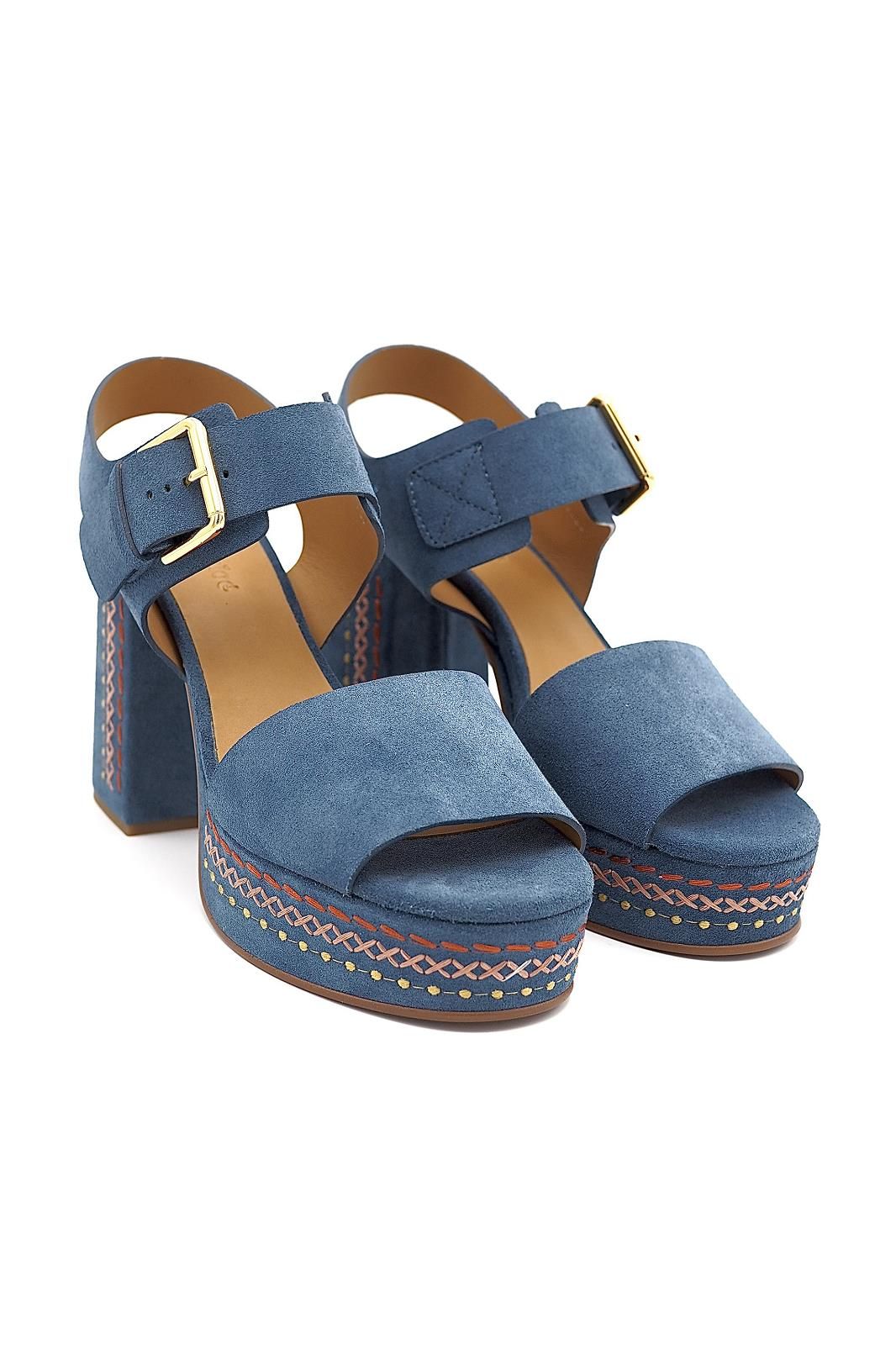 See By Chloe Pheebe Embroidered Leather Platform Sandals - Indigo Blue - 4UK