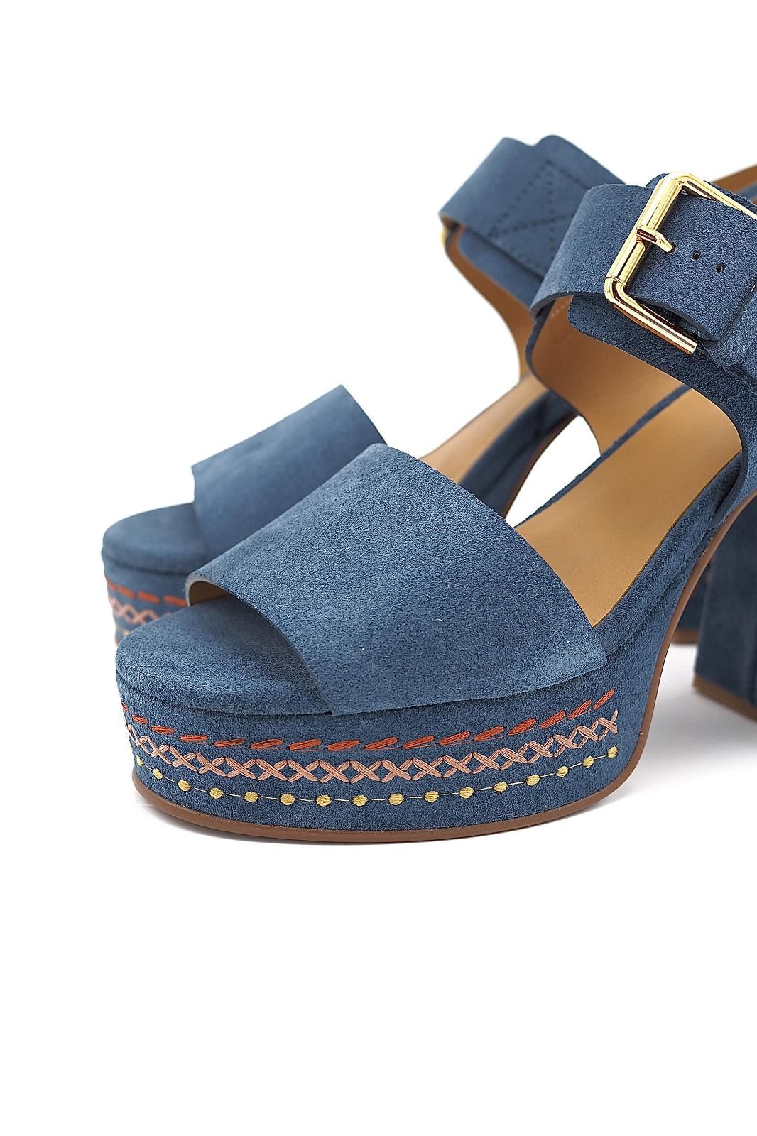 See By Chloe Pheebe Embroidered Leather Platform Sandals - Indigo Blue - 4UK
