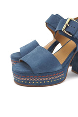 See By Chloe Pheebe Embroidered Leather Platform Sandals - Indigo Blue - 4UK
